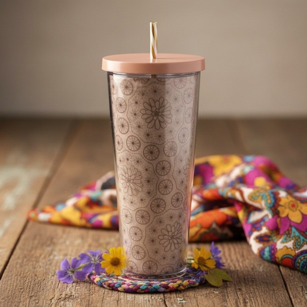 STARBUCKS Peach Metallic Gold Floral Flower Design Cold Cup Tumbler Venti 24 Oz